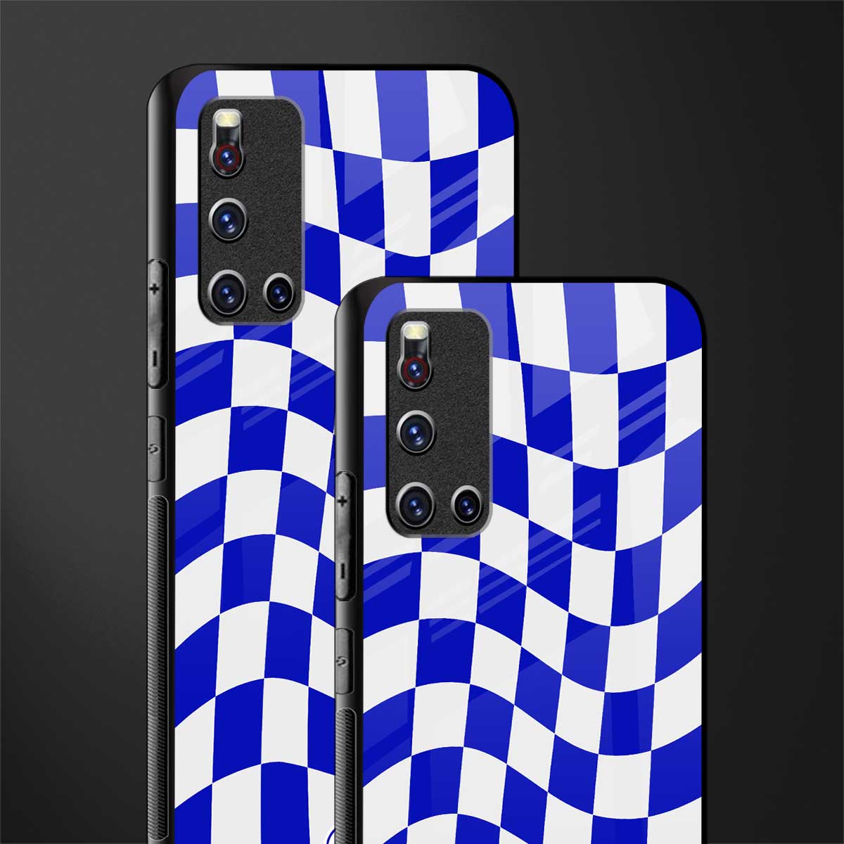 blue white trippy check pattern glass case for vivo v19 image-2