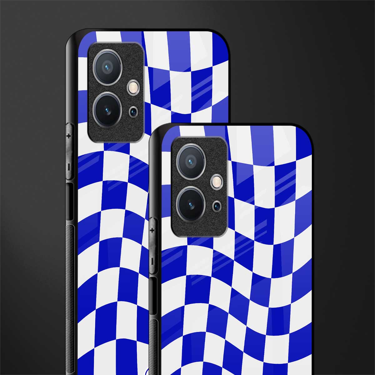 blue white trippy check pattern glass case for vivo y75 5g image-2