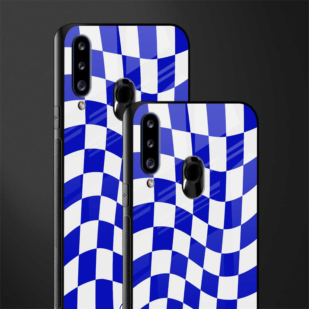 blue white trippy check pattern glass case for samsung galaxy a20s image-2
