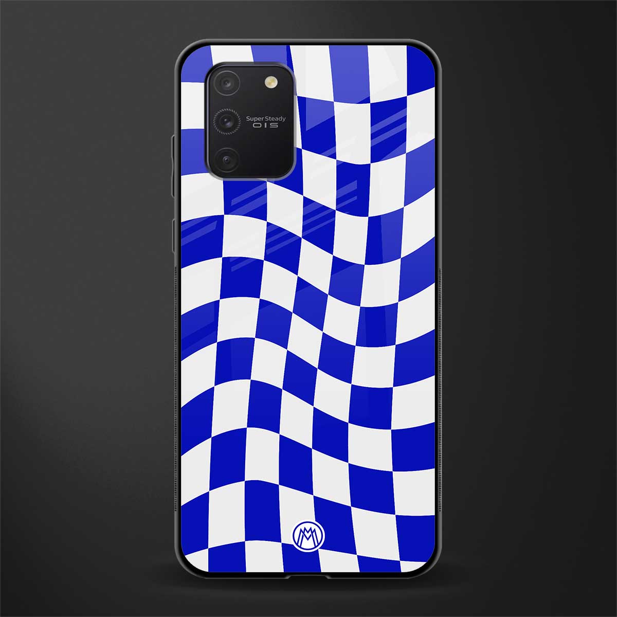 blue white trippy check pattern glass case for samsung galaxy a91 image