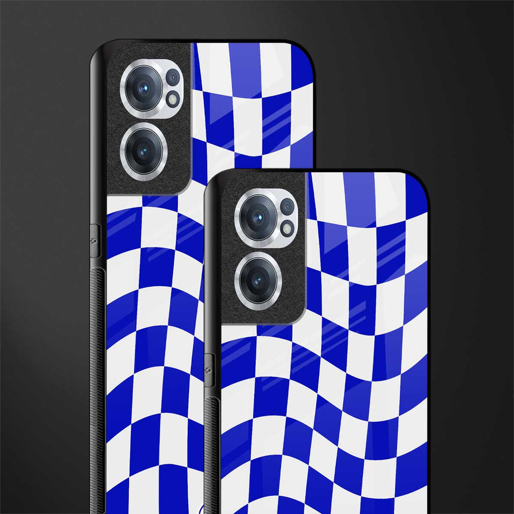 blue white trippy check pattern glass case for oneplus nord ce 2 5g image-2