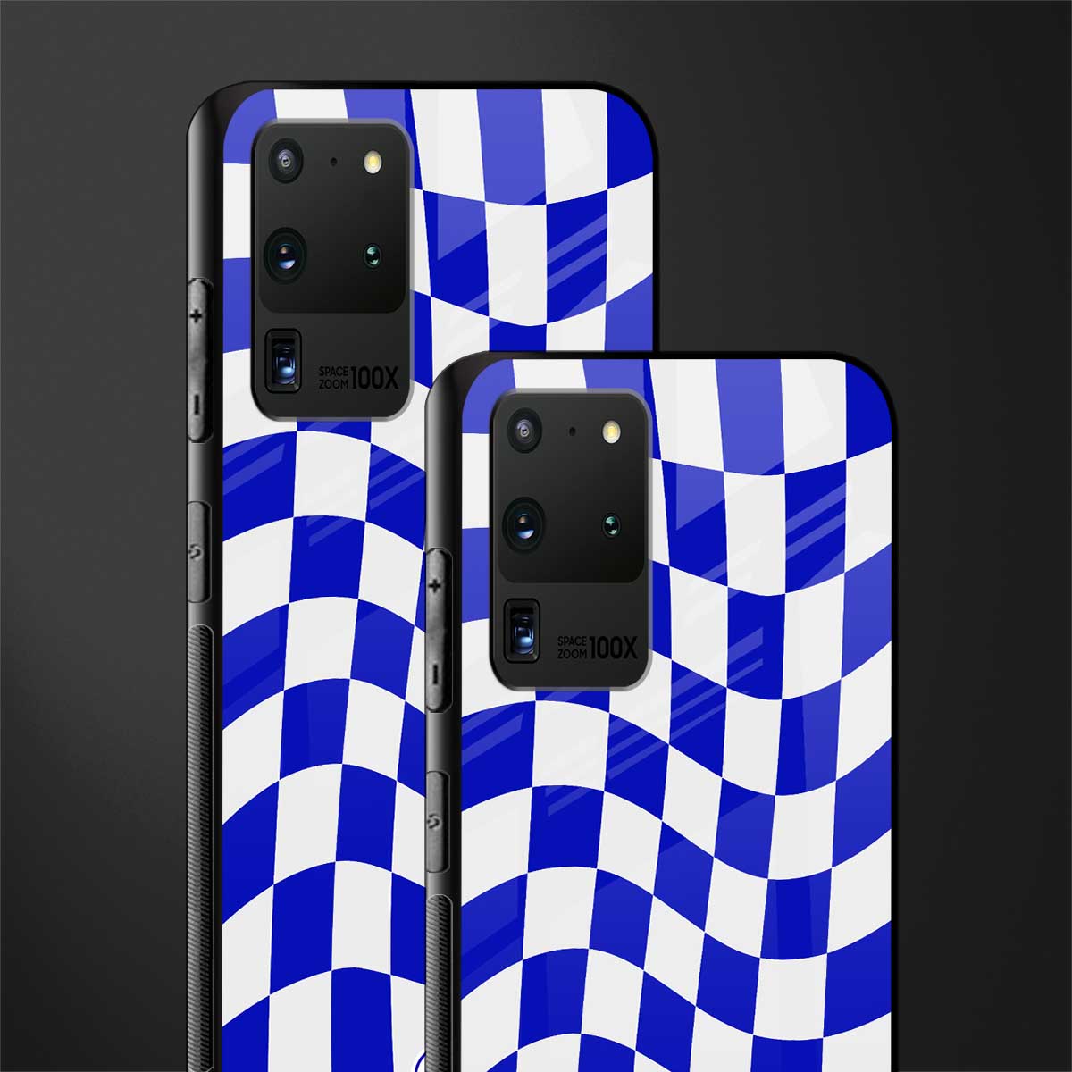 blue white trippy check pattern glass case for samsung galaxy s20 ultra image-2