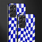 blue white trippy check pattern glass case for samsung galaxy s22 ultra 5g image-2