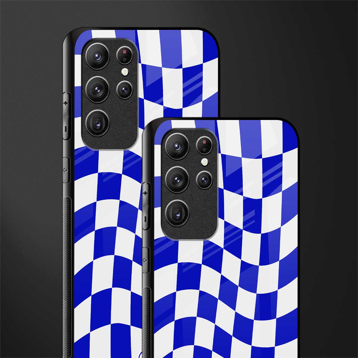 blue white trippy check pattern glass case for samsung galaxy s22 ultra 5g image-2