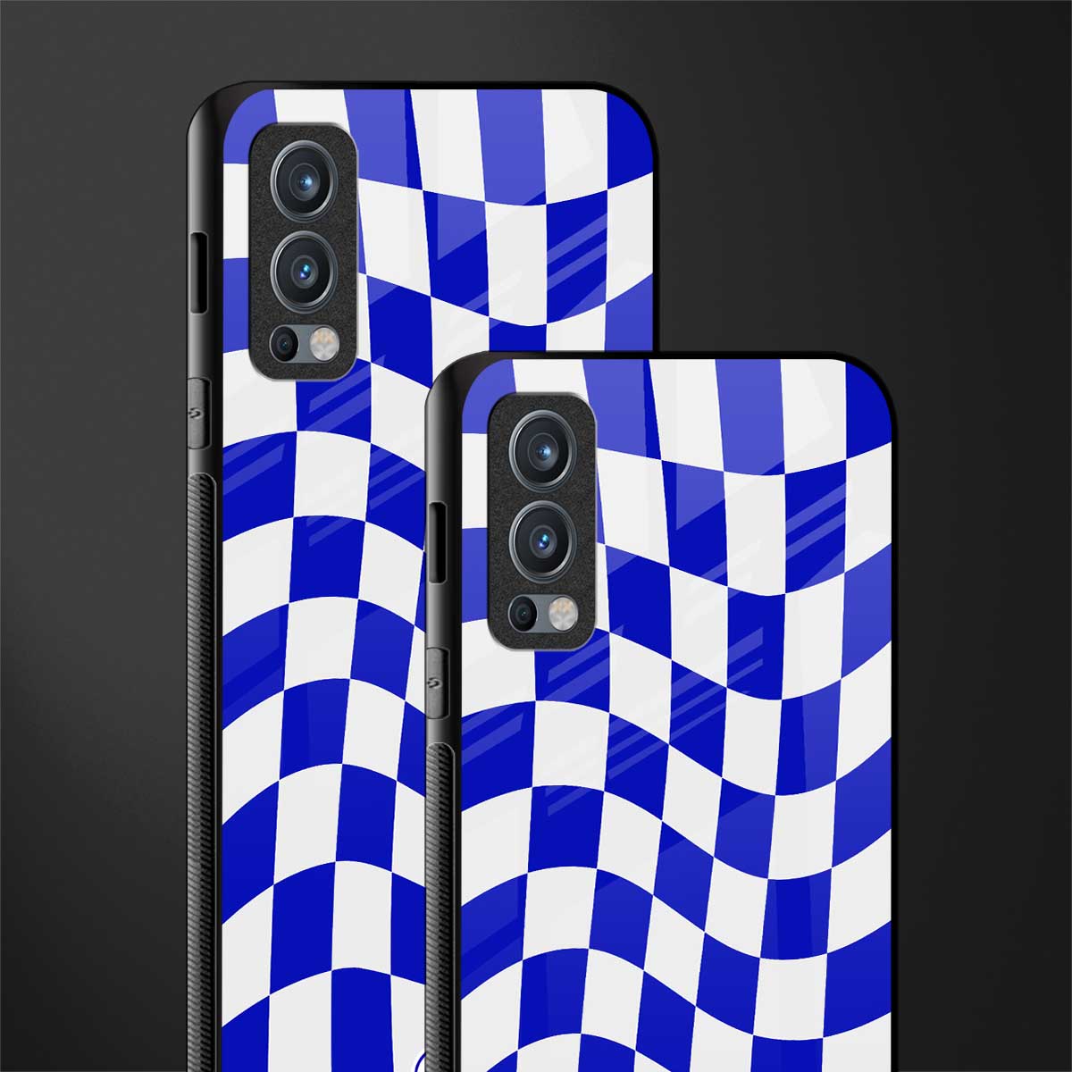 blue white trippy check pattern glass case for oneplus nord 2 5g image-2