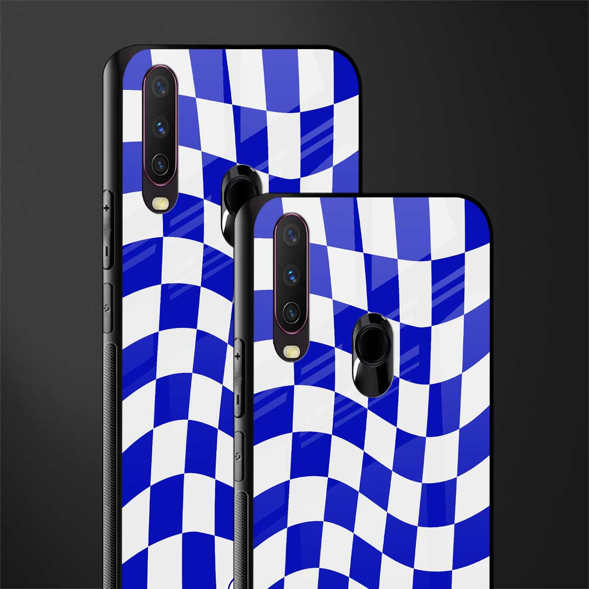 blue white trippy check pattern glass case for vivo y17 image-2