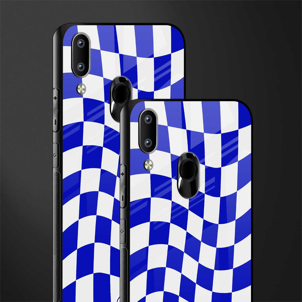 blue white trippy check pattern glass case for vivo y95 image-2