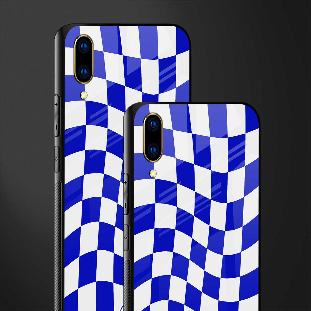 blue white trippy check pattern glass case for vivo v11 pro image-2