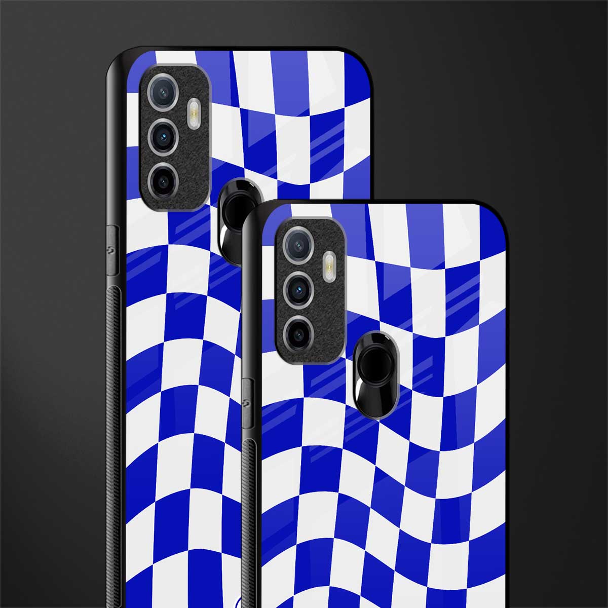 blue white trippy check pattern glass case for oppo a53 image-2