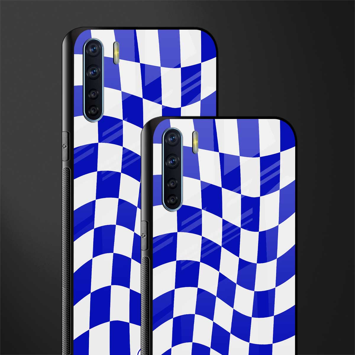 blue white trippy check pattern glass case for oppo f15 image-2
