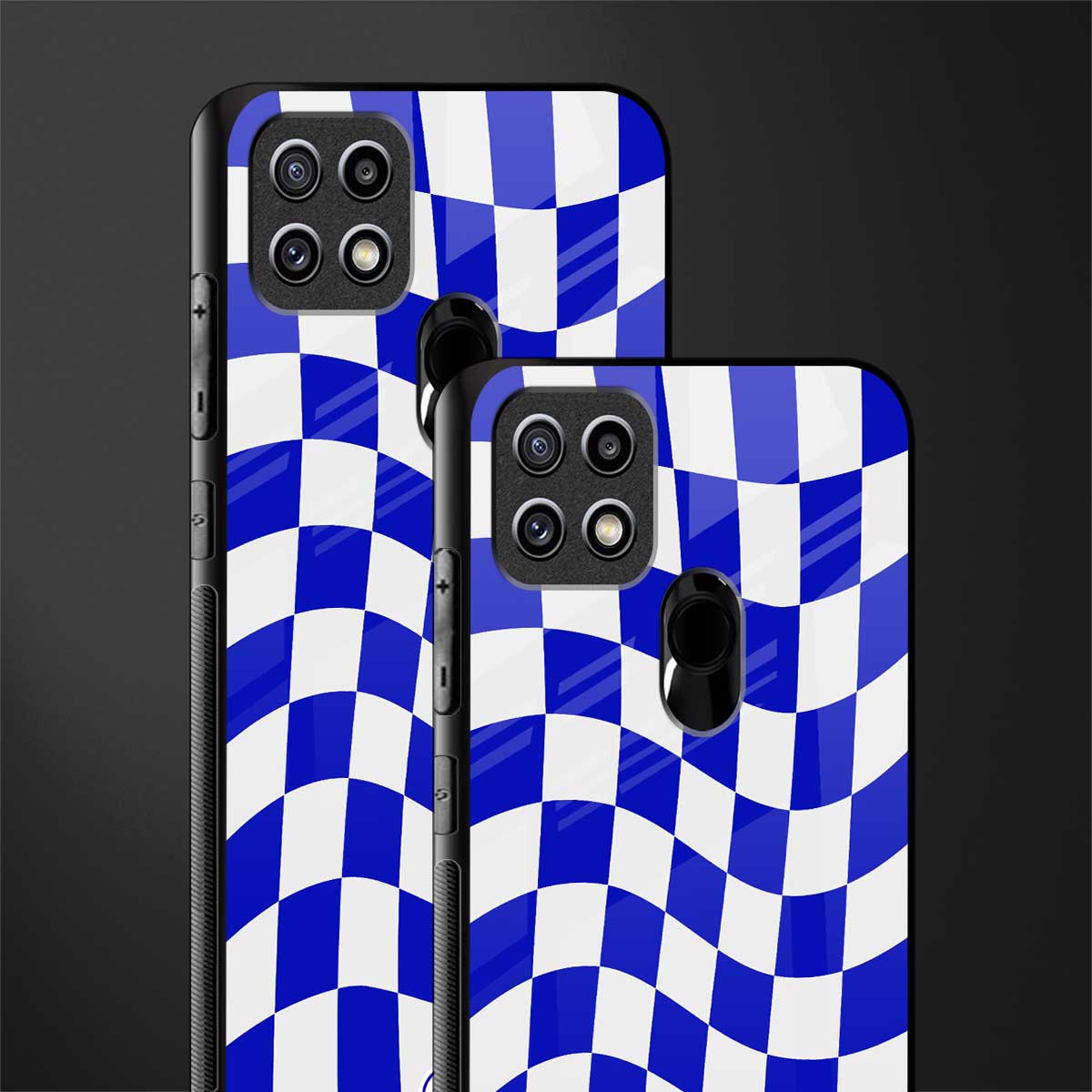 blue white trippy check pattern glass case for oppo a15s image-2
