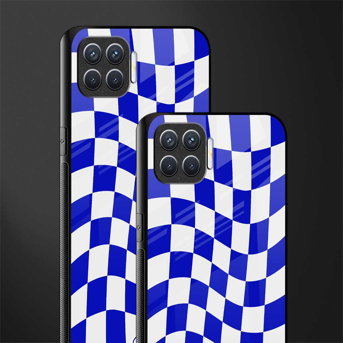 blue white trippy check pattern glass case for oppo f17 image-2