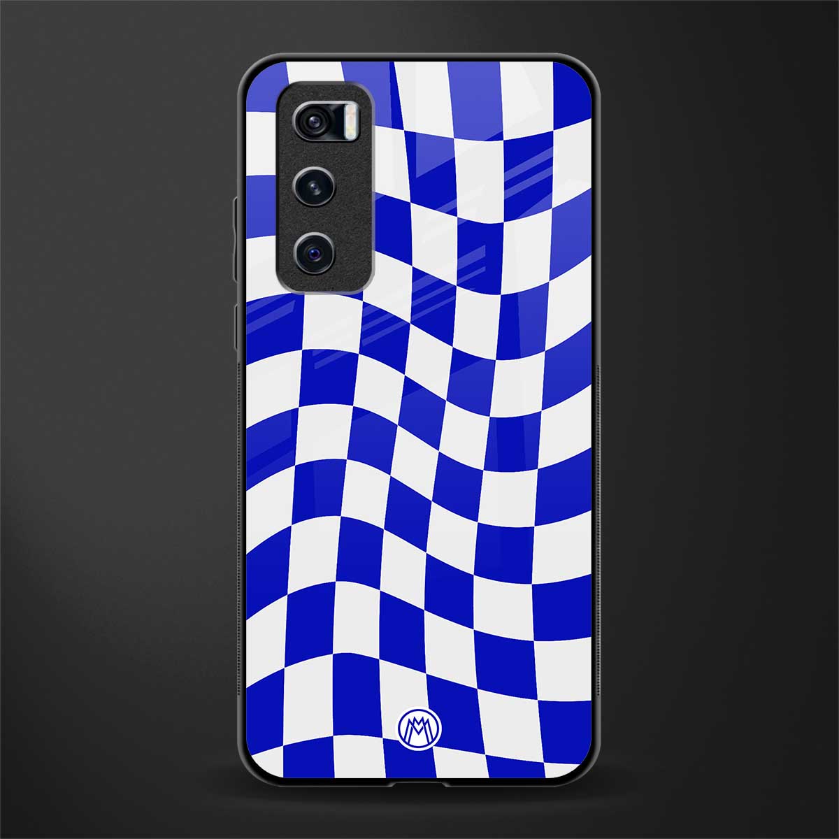blue white trippy check pattern glass case for vivo v20 se image