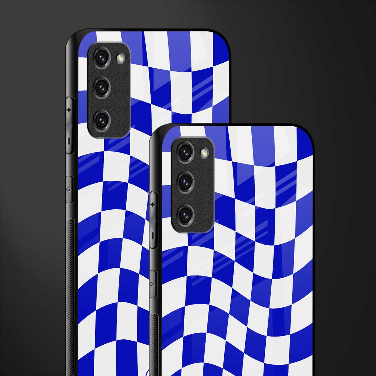 blue white trippy check pattern glass case for samsung galaxy s20 fe image-2