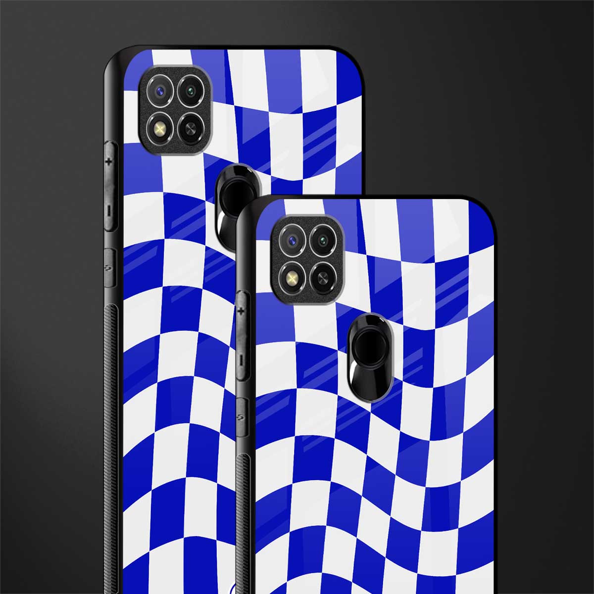 blue white trippy check pattern glass case for redmi 9c image-2