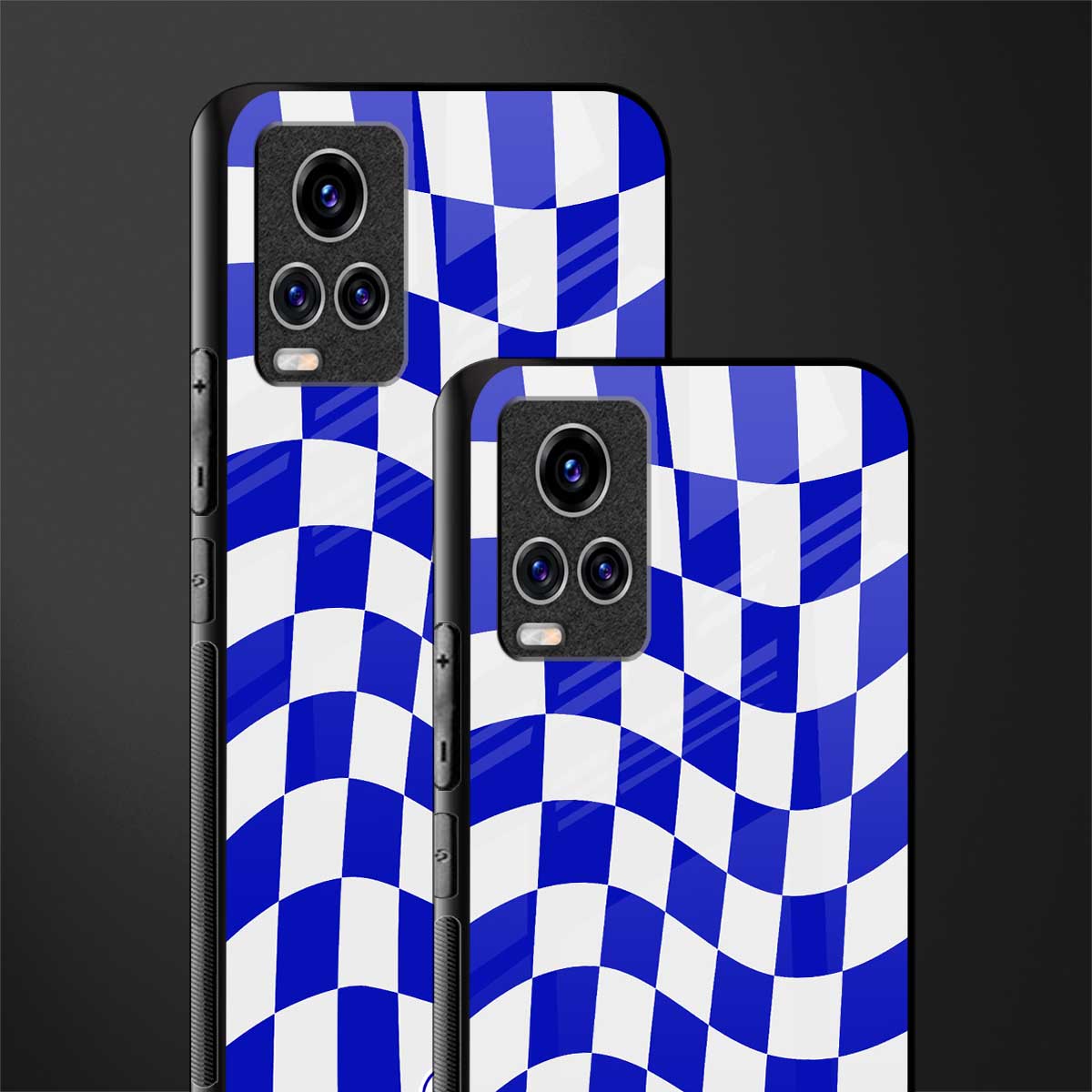 blue white trippy check pattern glass case for vivo v20 pro image-2
