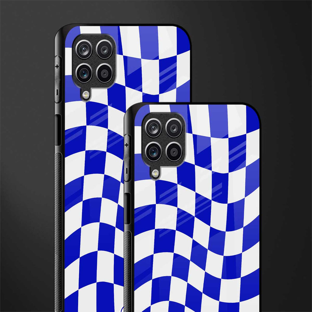 blue white trippy check pattern glass case for samsung galaxy a12 image-2