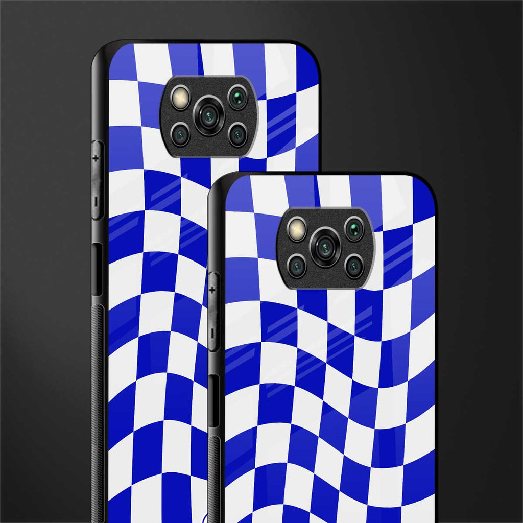 blue white trippy check pattern glass case for poco x3 image-2