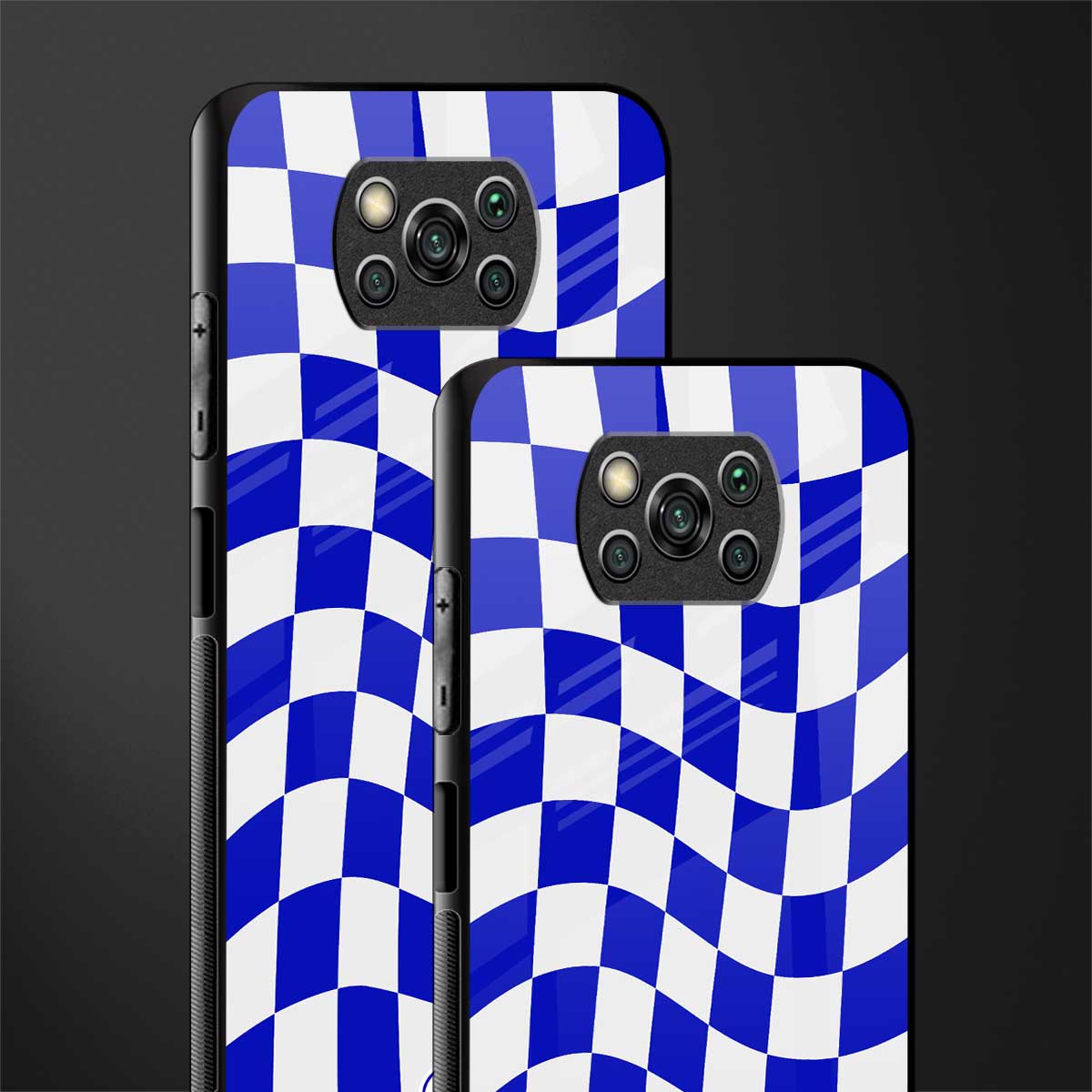 blue white trippy check pattern glass case for poco x3 image-2