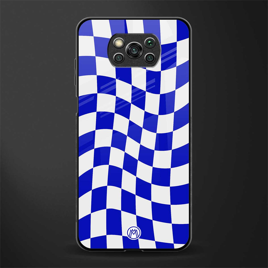 blue white trippy check pattern glass case for poco x3 image