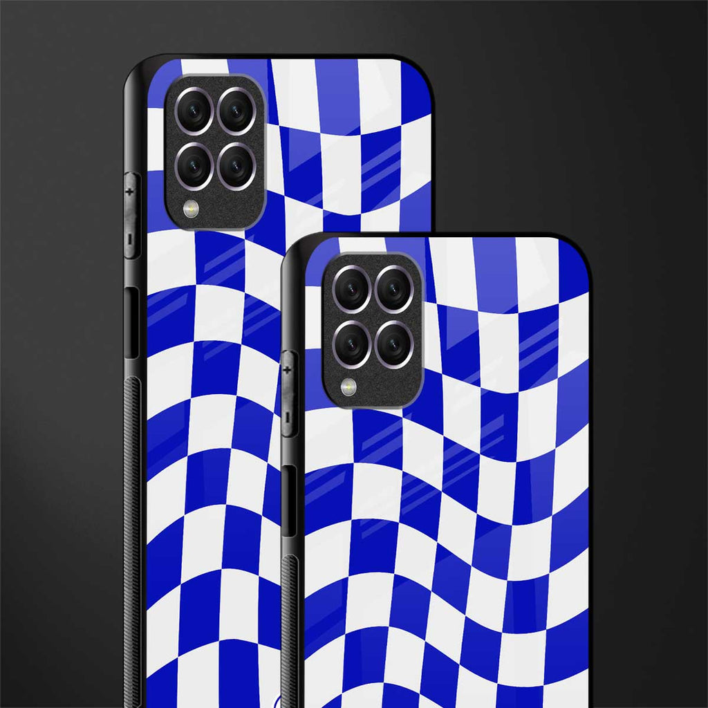 blue white trippy check pattern glass case for samsung galaxy f62 image-2