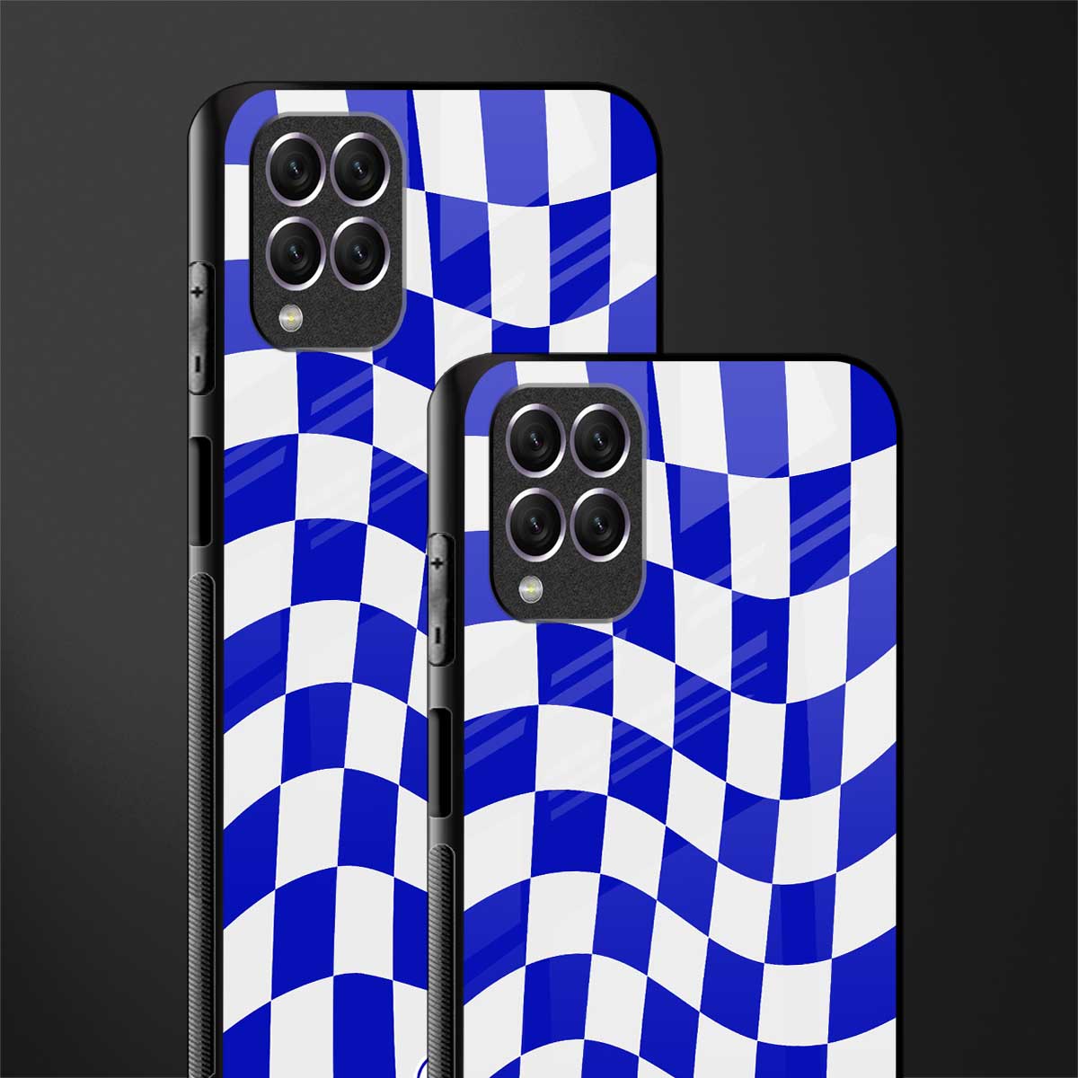 blue white trippy check pattern glass case for samsung galaxy f62 image-2