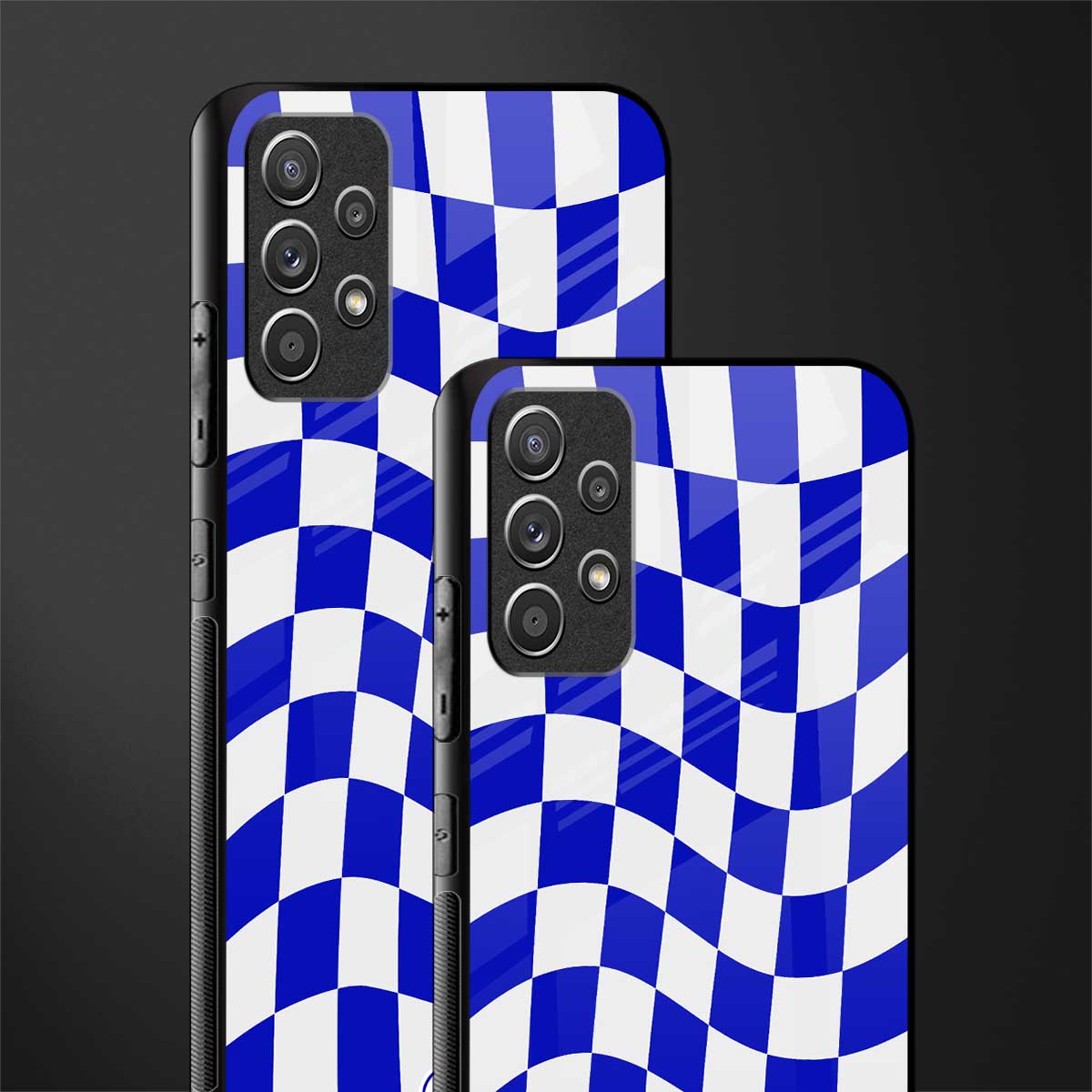 blue white trippy check pattern glass case for samsung galaxy a72 image-2