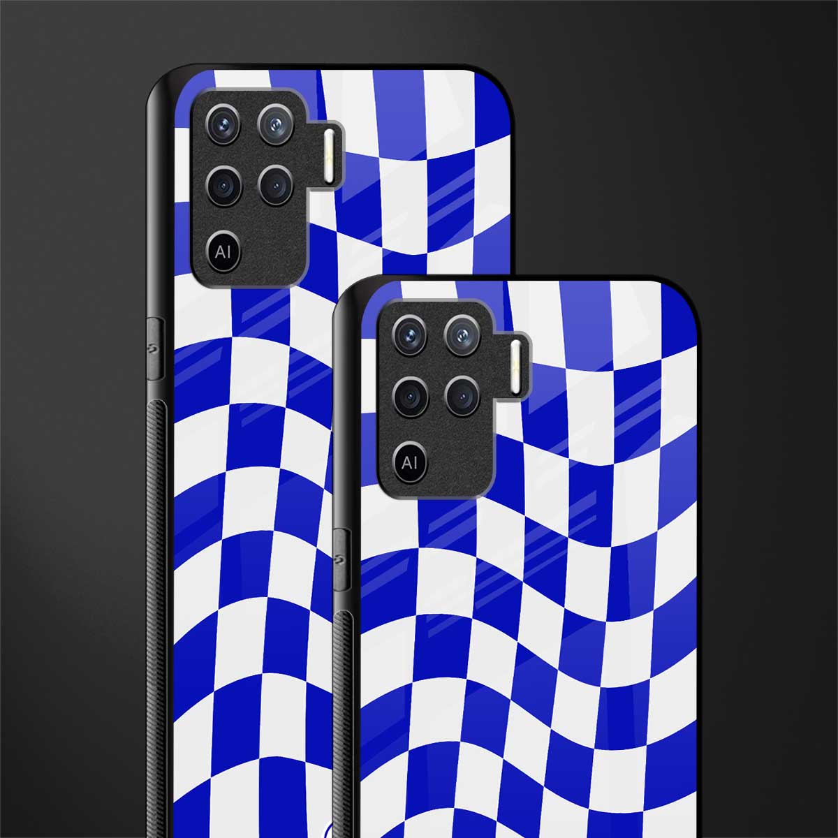blue white trippy check pattern glass case for oppo f19 pro image-2