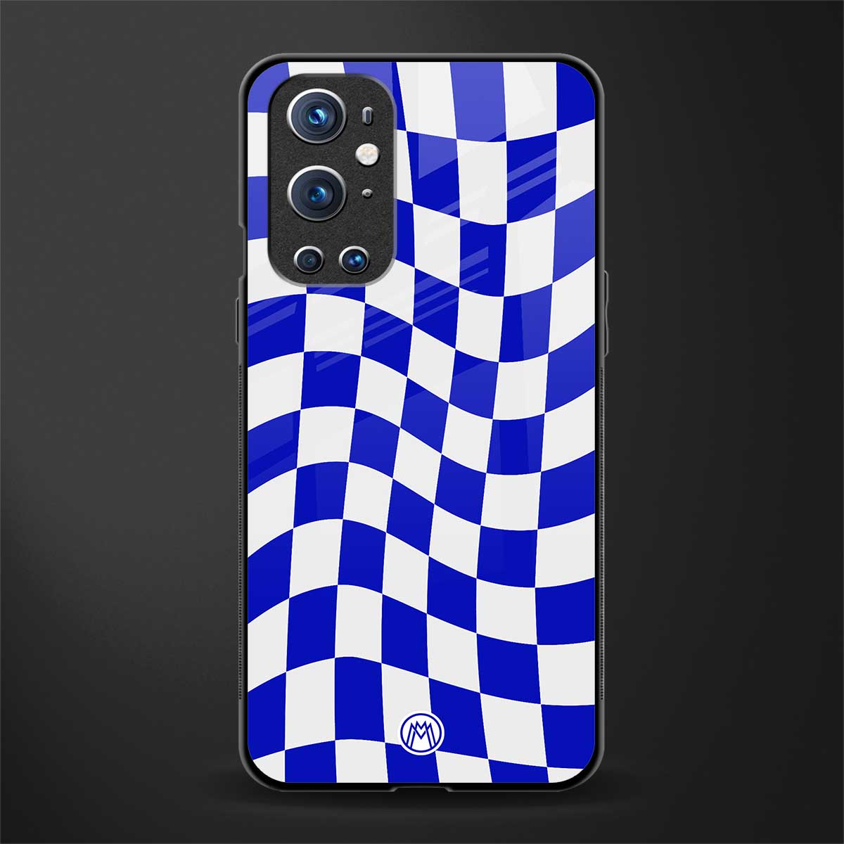 blue white trippy check pattern glass case for oneplus 9 pro image