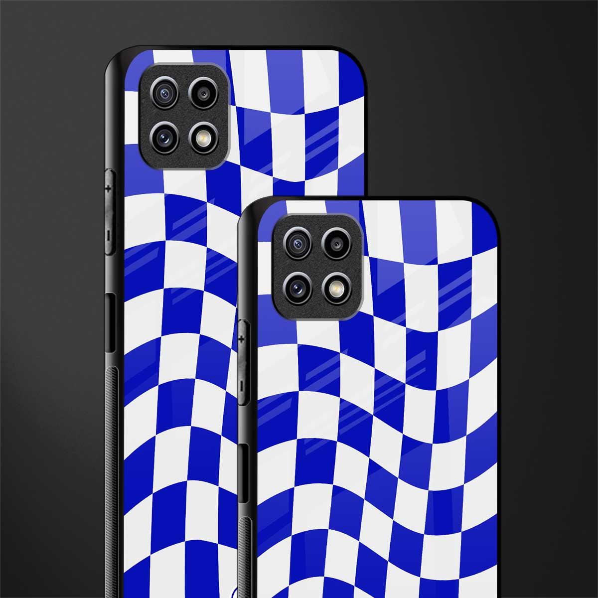 blue white trippy check pattern glass case for samsung galaxy a22 5g image-2
