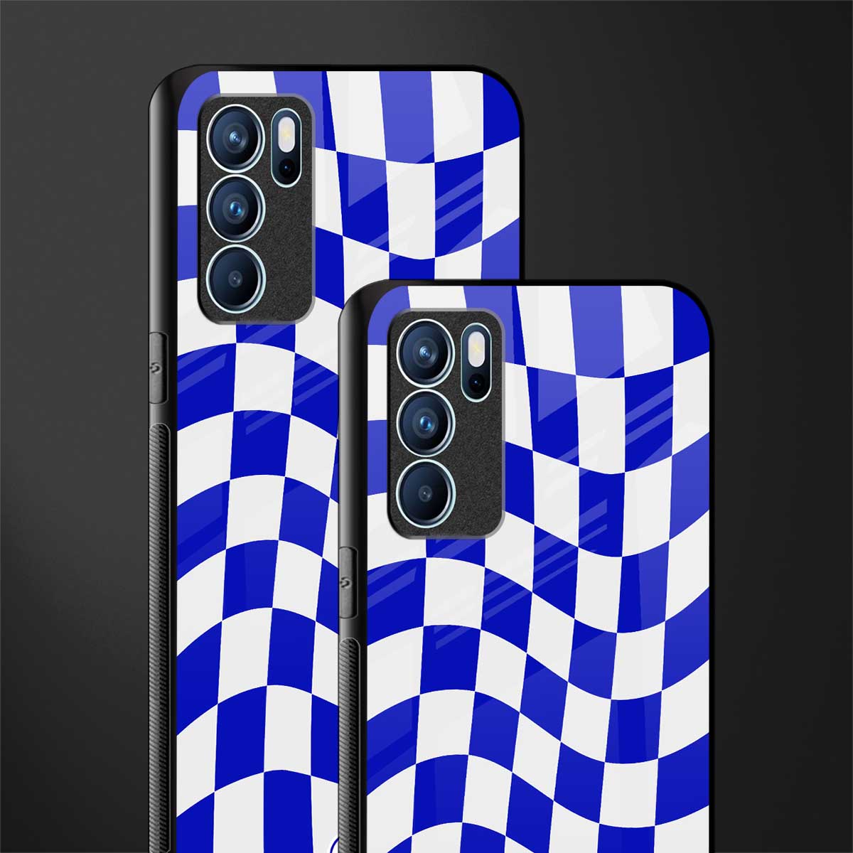 blue white trippy check pattern glass case for oppo reno6 5g image-2