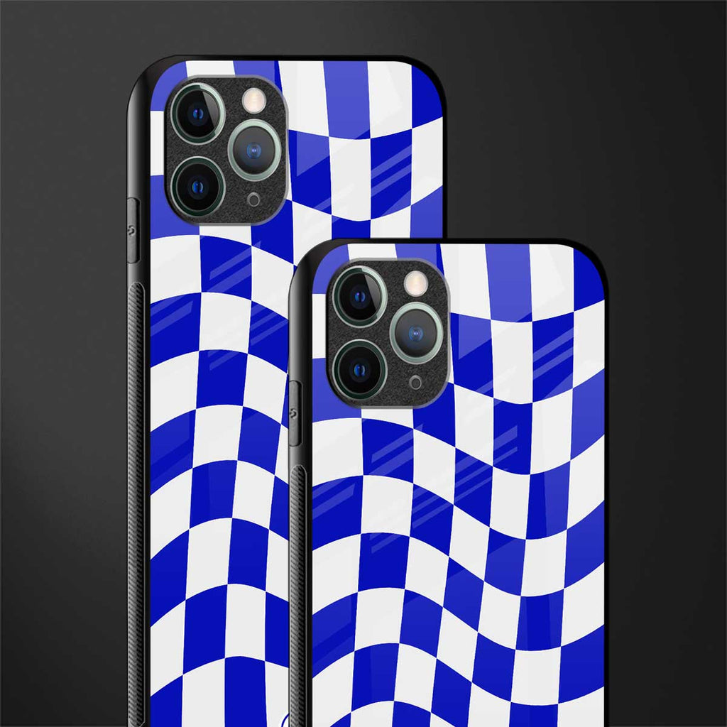 blue white trippy check pattern glass case for iphone 11 pro max image-2