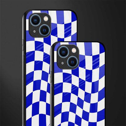 blue white trippy check pattern glass case for iphone 13 image-2