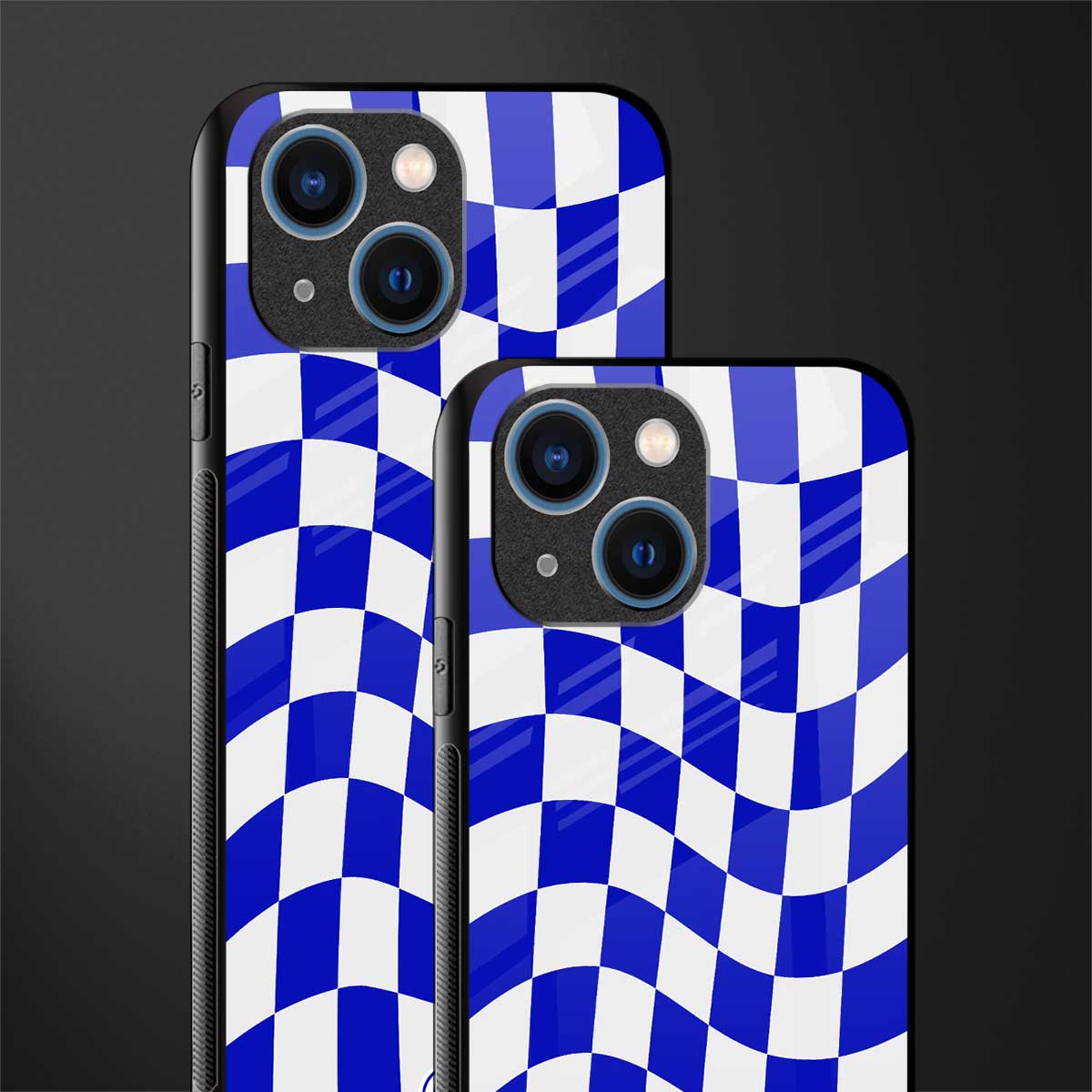 blue white trippy check pattern glass case for iphone 13 mini image-2