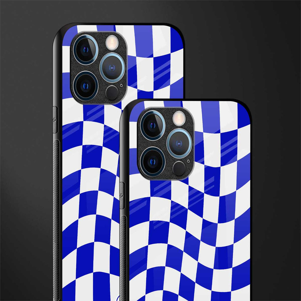blue white trippy check pattern glass case for iphone 12 pro image-2