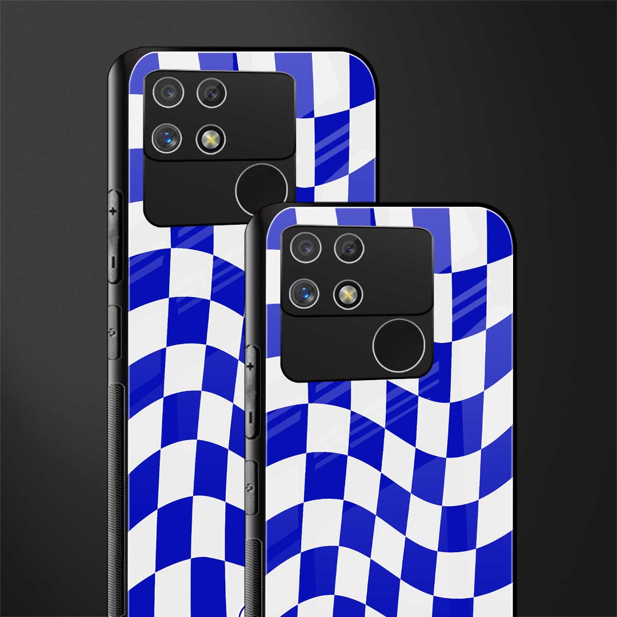 blue white trippy check pattern back phone cover | glass case for realme narzo 50a