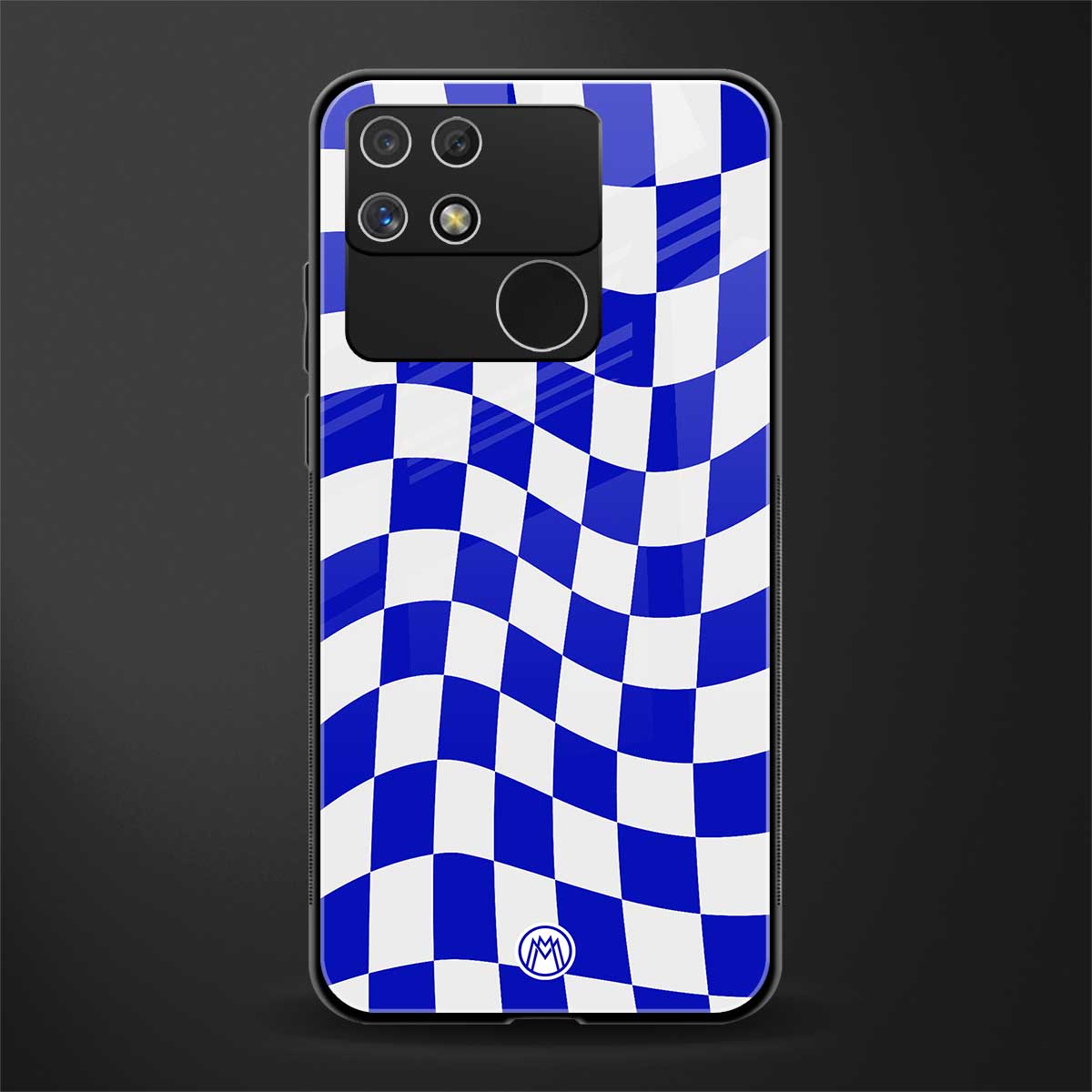blue white trippy check pattern back phone cover | glass case for realme narzo 50a