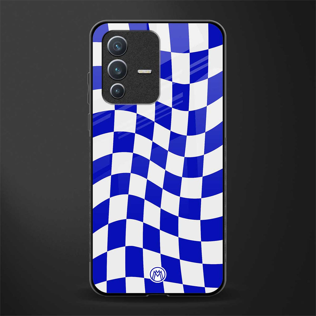 blue white trippy check pattern glass case for vivo v23 5g image