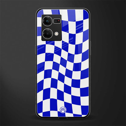 blue white trippy check pattern back phone cover | glass case for oppo f21 pro 4g