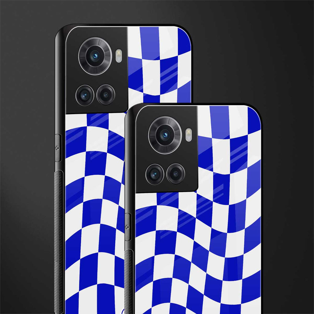 blue white trippy check pattern back phone cover | glass case for oneplus 10r 5g