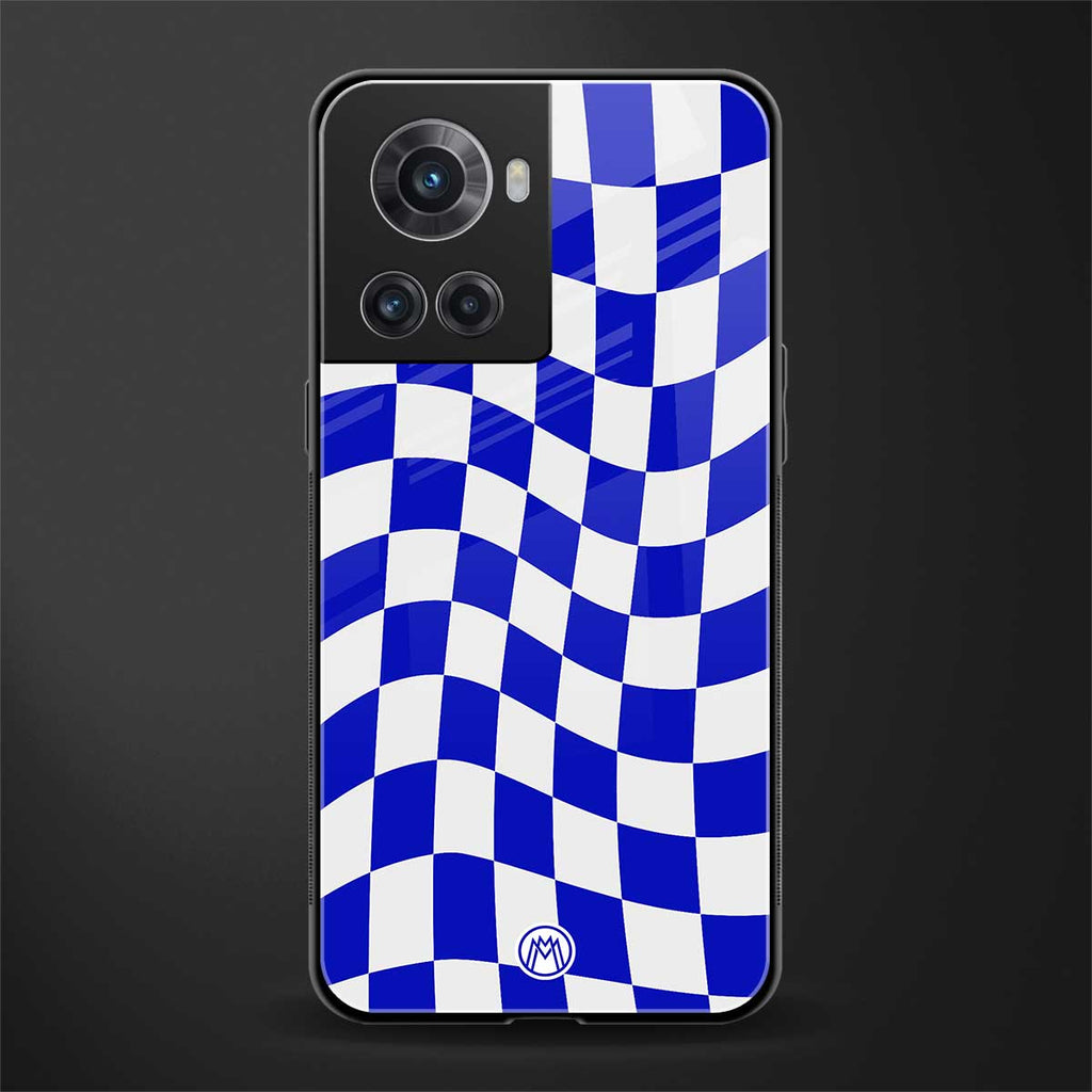 blue white trippy check pattern back phone cover | glass case for oneplus 10r 5g