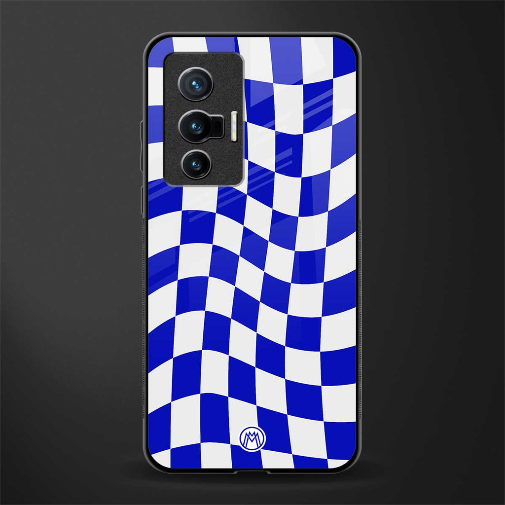 blue white trippy check pattern glass case for vivo x70 image