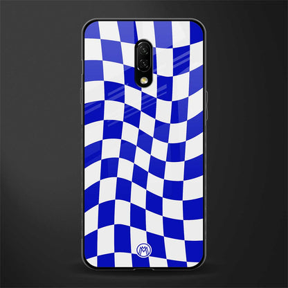 blue white trippy check pattern glass case for oneplus 7 image