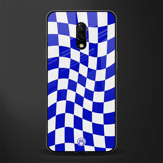 blue white trippy check pattern glass case for oneplus 7 image