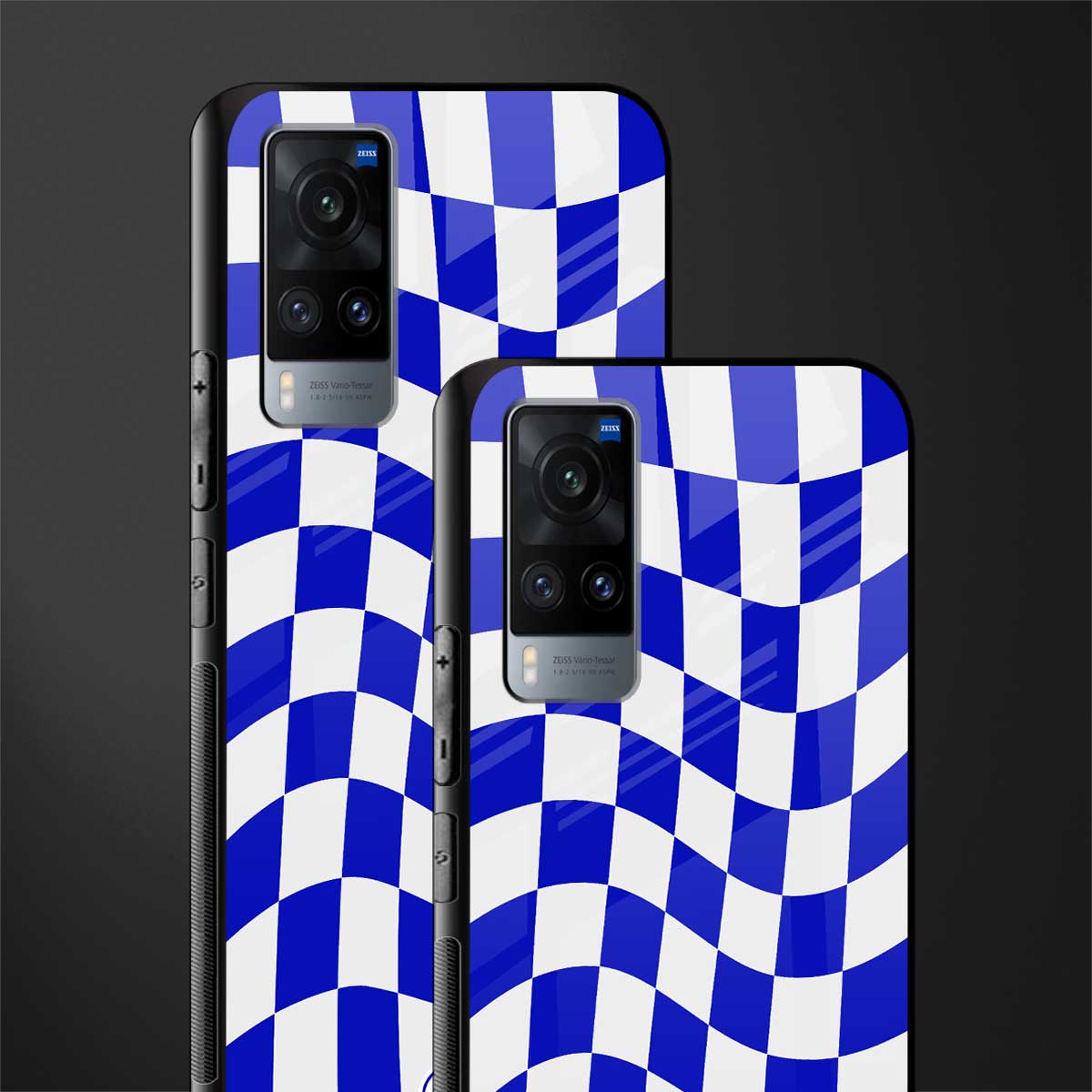 blue white trippy check pattern glass case for vivo x60 image-2