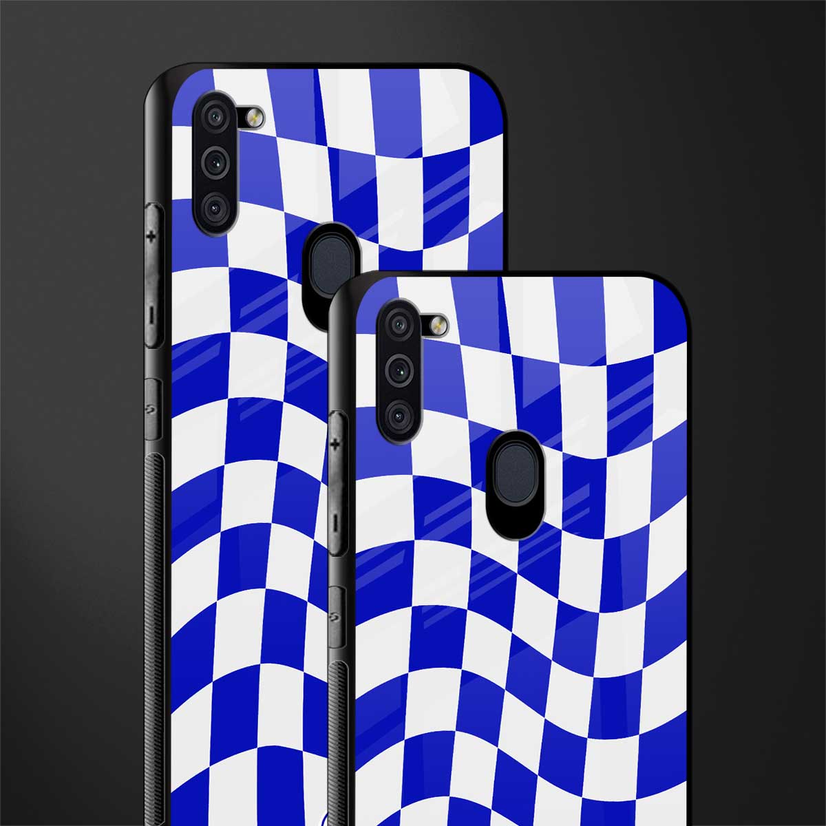 blue white trippy check pattern glass case for samsung galaxy m11 image-2