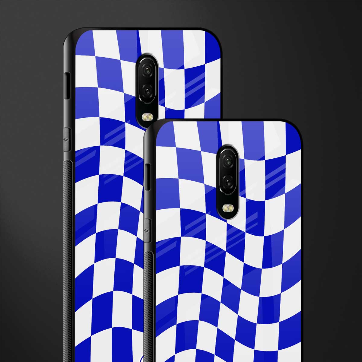 blue white trippy check pattern glass case for oneplus 6t image-2