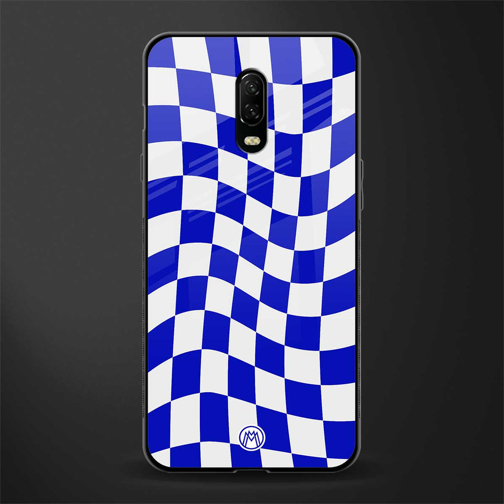blue white trippy check pattern glass case for oneplus 6t image
