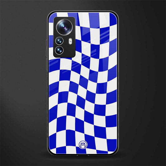 blue white trippy check pattern back phone cover | glass case for xiaomi 12 pro