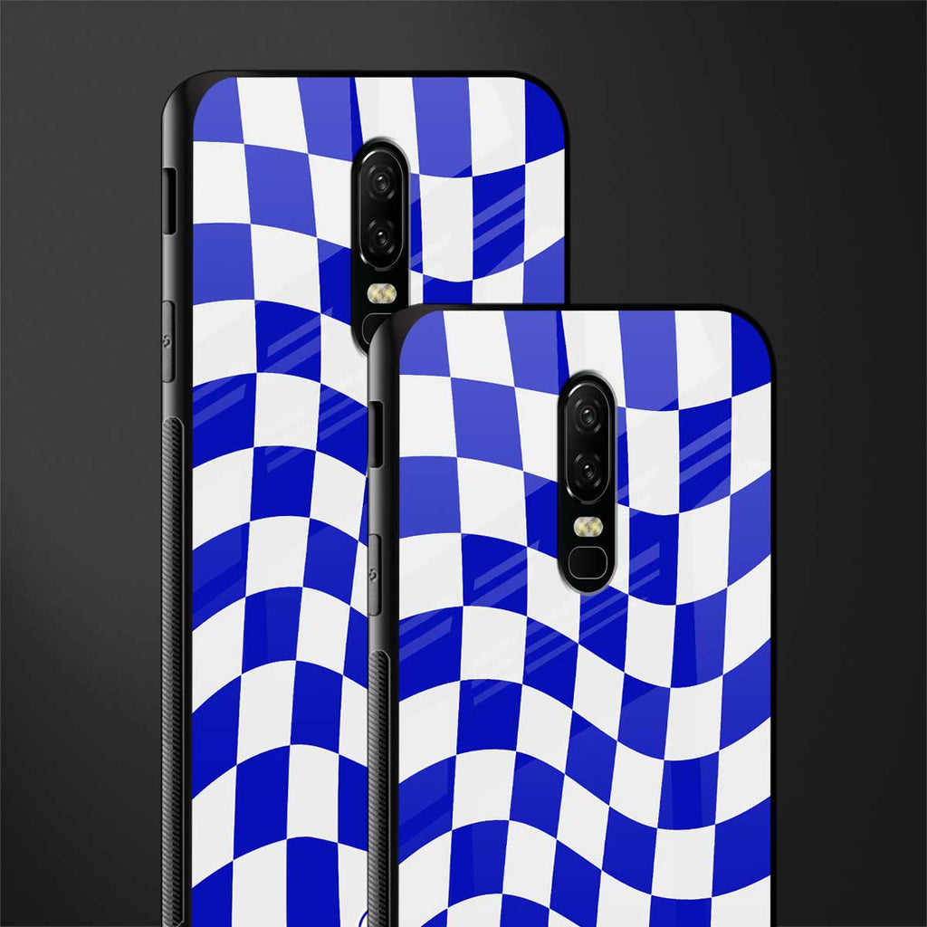 blue white trippy check pattern glass case for oneplus 6 image-2